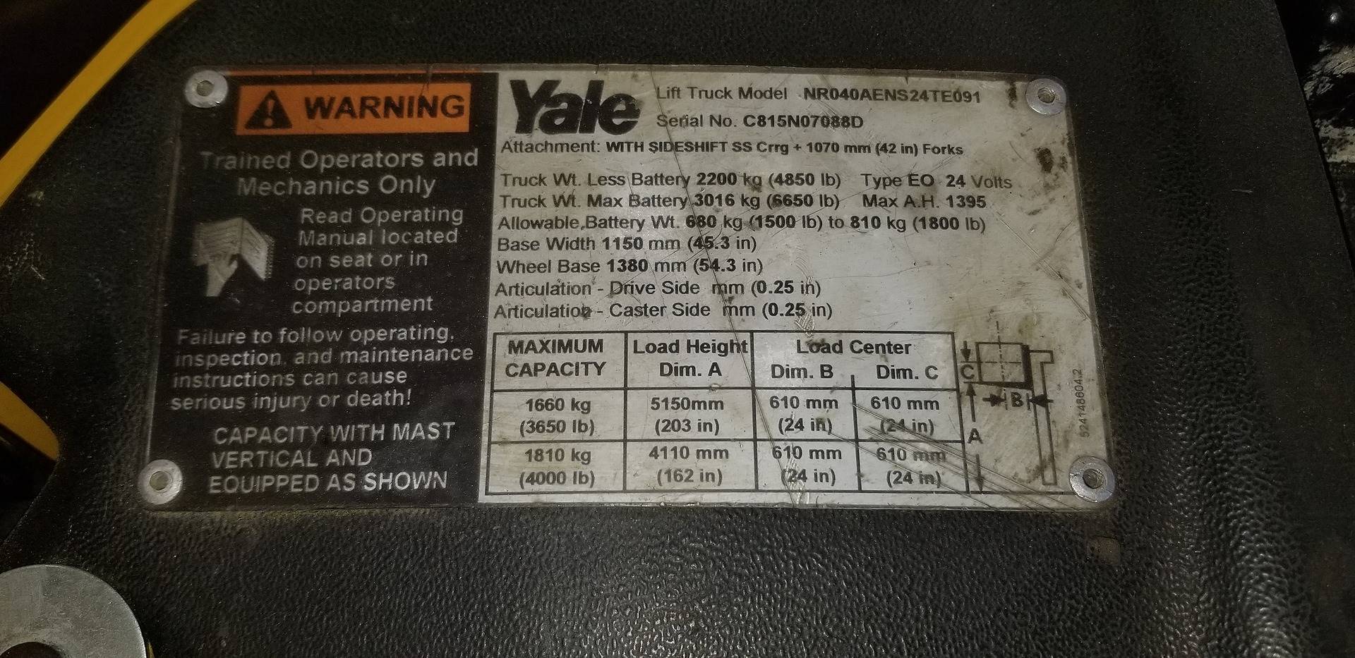 2006 Electric Yale NR040AENS24TE091 Electric Narrow Aisle Single Reach